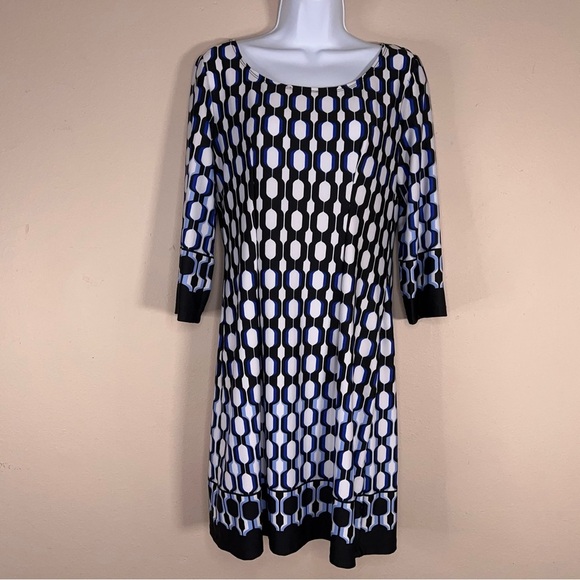 Small AB Studio Blue White Black Dot Print Dress Stretch Event Party Long Sleeve - Picture 11 of 16